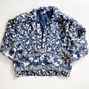 Vintage 80s 100% Shanghai Silk Blue & White Floral Print Bomber Jacket